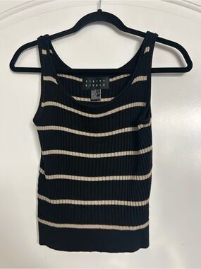 Vintage 90s 100% Silk Ribbed Stripe Tank Top Black Cream Size L Chic Minimalist